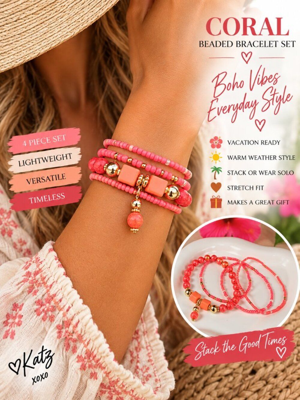 Coral Beaded Bracelet Set 4 Boho Stretch Stack Gold Tone Charm Resort Jewelry